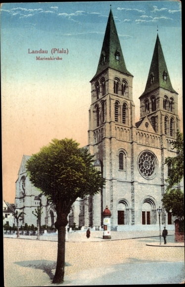 PC Landau in der Pfalz, street section with a view of St. Mary&#39;s Church, bell tower