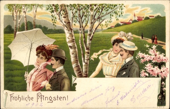 Chromo-Litho Congratulations Pentecost, couples walking