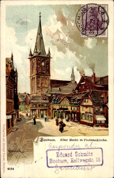 Künstler Litho Heinisch, Bochum im Ruhrgebiet, Alter Markt und Probsteikirche, Passanten