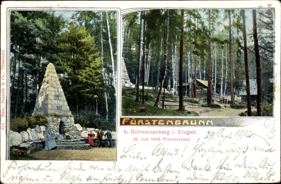 Postcard Waschleithe Grünhain Beierfeld in the Ore Mountains, Köhlerhütte Fürstenbrunn, monument