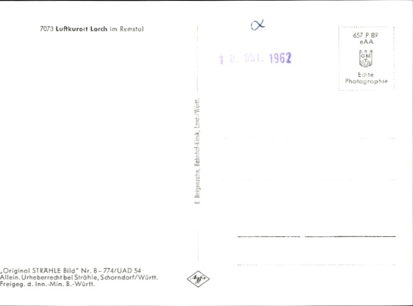 Postcard Lorch in the Remstal Württemberg, aerial view of Lorch, hilly landscape, church, houses, street