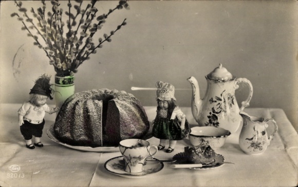 Ak Glückwunsch Ostern, Osterkranz, Teeservice, Weidenkätzchen