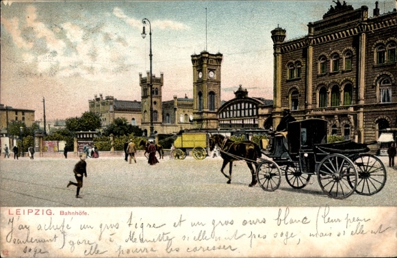 Litho Leipzig in Sachsen, Kutsche am Bahnhof