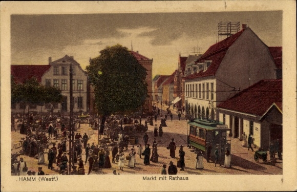 Postcard Hamm in Westphalia, market with town hall, tram