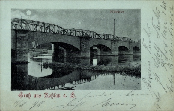 Mondschein Ak Roßlau in Sachsen Anhalt, Blick auf die Elbbrücke
