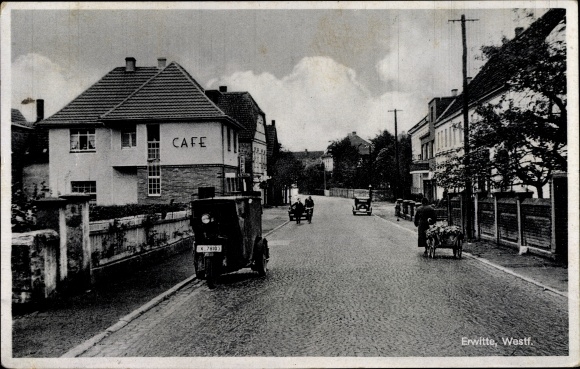 Postcard Erwitte North Rhine-Westphalia, road section, cargo motorcycle, café