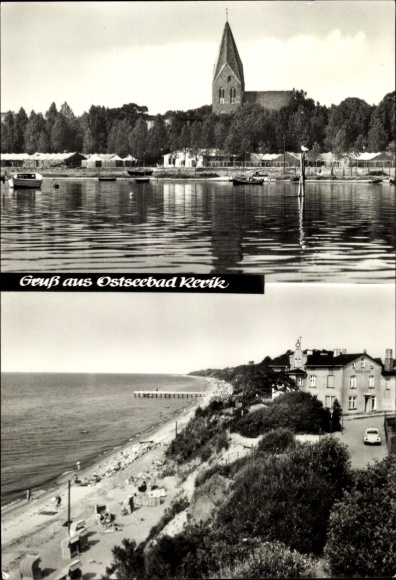 Postcard Ostseebad Rerik, church, boats, water, beach, coastline