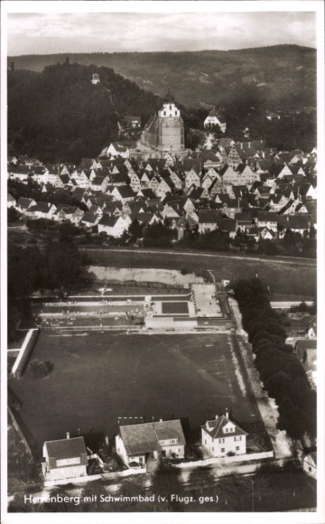 Postcard Herrenberg in Württemberg, aerial photograph, swimming pool