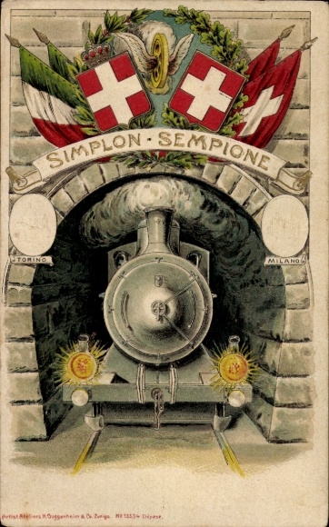 Embossed PC Swiss Railway, Flag, Italy, Tunnel