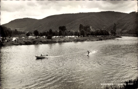 Postcard Winningen on the Moselle, camping island, water skiing