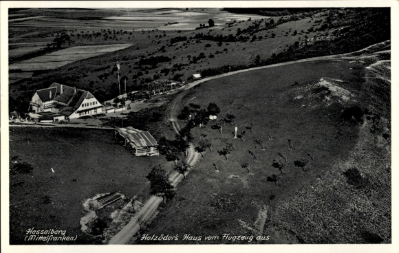 Ak Unterschwaningen am Hesselberg Mittelfranken, Landschaftsaufnahme, Holzöders Haus, Flugzeugans