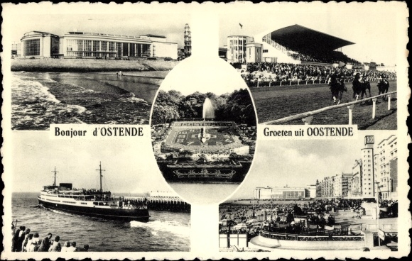 Postcard Ostend Ostend West Flanders, stadium, horse racing, steamer, flower clock