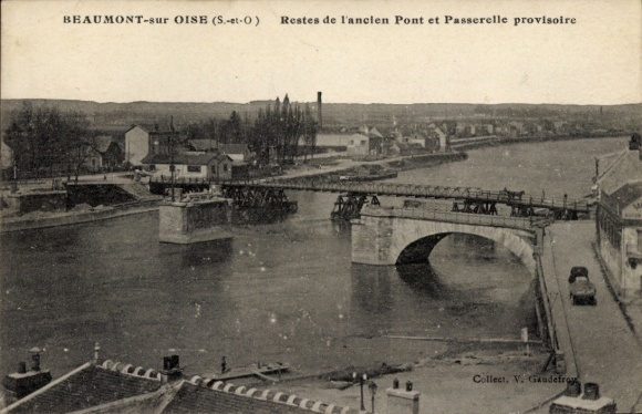 Ak Beaumont sur Oise Val d'Oise, Überreste der alten Brücke und provisorische Fußgänger Brücke