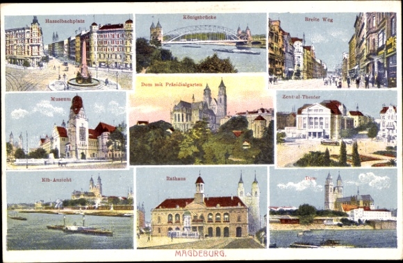 Postcard Magdeburg on the Elbe, Hasselbachplatz, Königsbrücke, Breite Weg, Museum, Cathedral, Town Hall