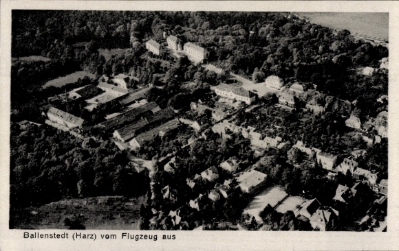 Ak Ballenstedt im Harz, Luftaufnahme von  Stadtansicht, Wald, Gebäude