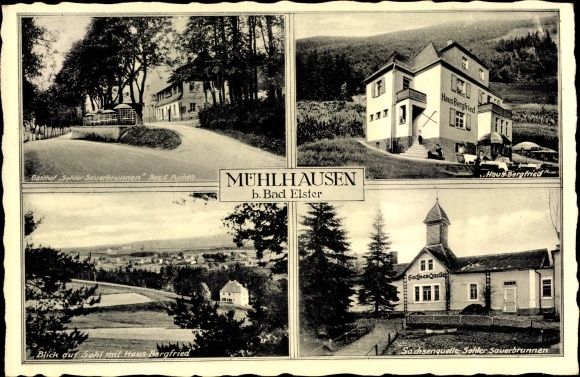 Postcard Mühlhausen Bad Elster Vogtland, Gasthof Sole Sauerbrunnen, Haus Bergfried, Sachsenquelle