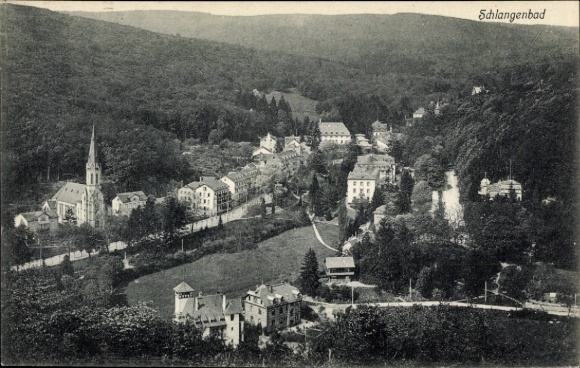 Postcard Schlangenbad in the Taunus Hesse, landscape photograph, buildings, church, forests
