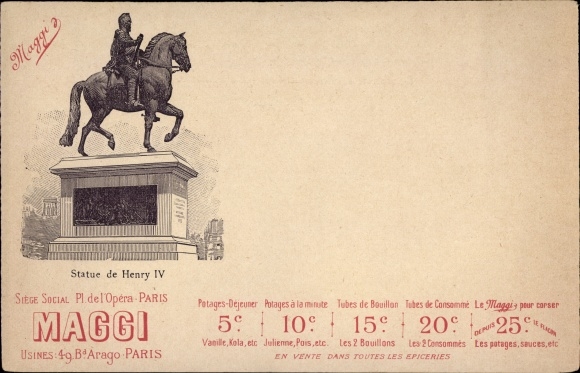 Ak Paris II Arrondissement Bourse, standbeeld van Hendrik IV, advertentie Maggi