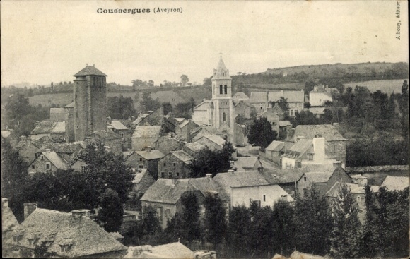 Postcard Coussergues Aveyron, partial view, church