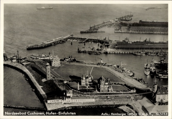 Postcard Cuxhaven in Lower Saxony, North Sea resort, harbor entrances, ships aerial view