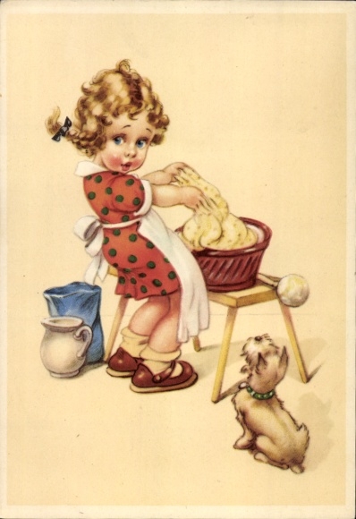 Postcard girl washing, clothes, laundry, dog