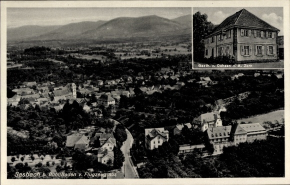 Postcard Sasbach in the Ortenau region, aerial photograph of Sasbach, building Gasth. z. Ochsen