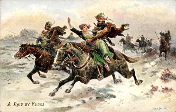 Artist Postcard A Raid by Kurds, Kurdish riders, kidnapping of a woman, Tuck Series II. No. 9296