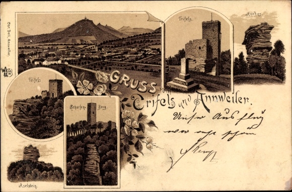 Chromo-Litho Annweiler am Trifels Palatinate, Trifels, Anebos, castle ruins of Scharfenberg, general view, Aselstein
