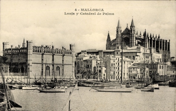 Ak Palma de Mallorca Balearische Inseln, Vorderseite zeigt die Kathedrale von Palma, Hafen mit...
