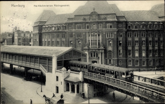 Postcard Hamburg, elevated railway at Rödingsmarkt, control building