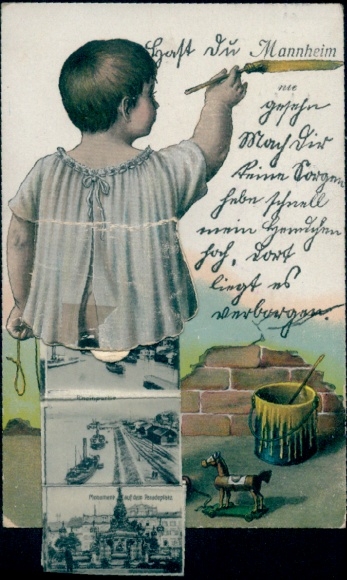 Leporello Postcard Mannheim in Baden, harbor, fountain