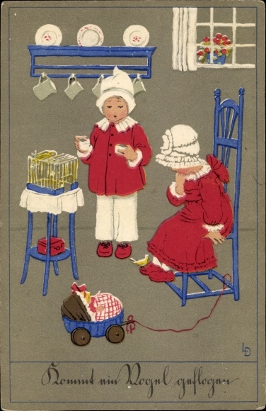 Artist Postcard Döring, Lia, A bird comes flying, boy, girl, birdcage
