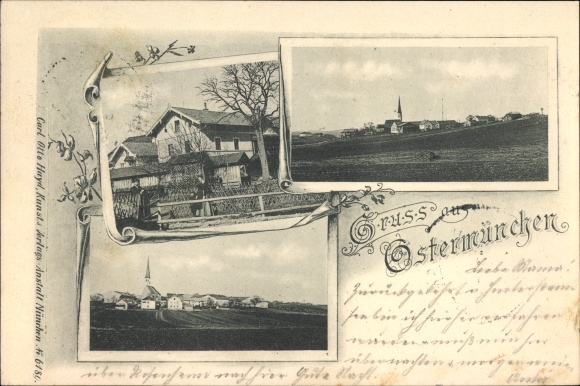 Postcard Ostermünchen Tuntenhausen Oberbayern, view over fields to the village, house, church