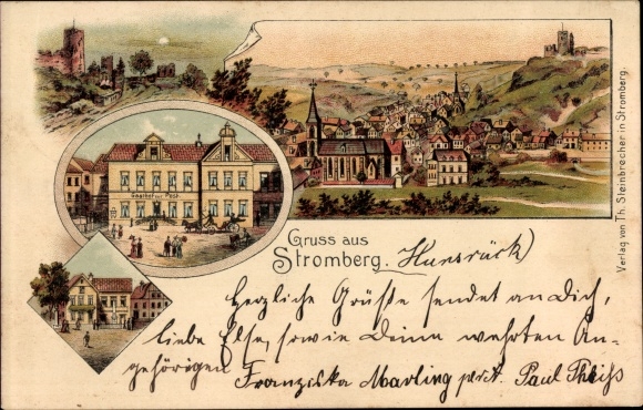 Chromo-Litho Stromberg im Hunsrück, general view, church, Gasthof zur Post