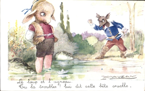 Artist Postcard Mauzan, Wolf and Sheep