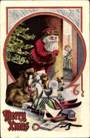 Postcard Congratulations Christmas, Santa Claus, child in bed, gifts, rocking horse