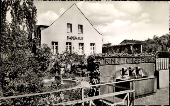 Postcard Bad Hönningen Rhine, drinking fountain and bathhouse