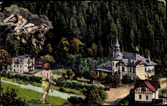 Postcard Issigau in Upper Franconia, poem Greetings from Hell, guest house