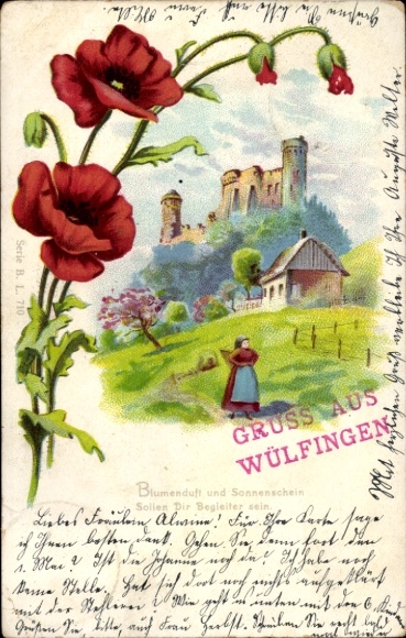 Chromo-Litho Wülfingen, castle, farmhouse, farmer's wife, poppy flowers