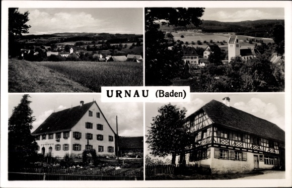 Postcard Urnau in the Lake Constance district of Baden, panorama, church, half-timbered house