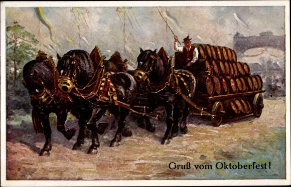 Artist PC greeting from Oktoberfest, horse-drawn carriage, beer carriage