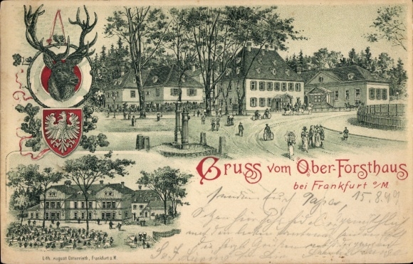 Wappen Litho Frankfurt am Main, Oberforsthaus, Jagdtrophäe, Straßenpartie