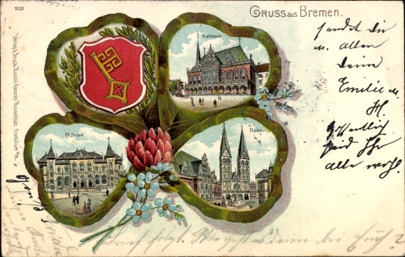 Cloverleaf Chromo-Litho Hanseatic City of Bremen, Town Hall, Stock Exchange, Cathedral