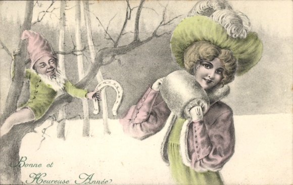Postcard Happy New Year, dwarf, young woman, horseshoe