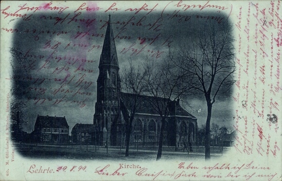 Postcard Lehrte in Lower Saxony, church at night