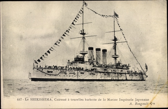 Ak Japanisches Kriegsschiff, Kaiserlich Japanische Marine, Schlachtschiff Shikishima