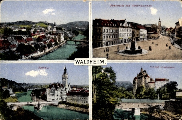 Postcard Waldheim in Mittelsachsen, Town Hall, Obermarkt, Wettinbrunne, Kriebstein