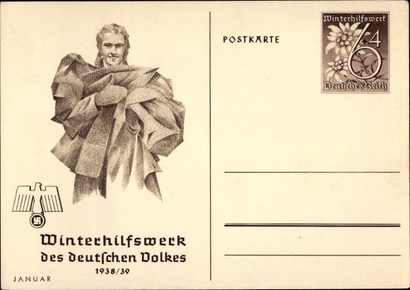 Postwaardekaart WHW 1938/1939 januari, kledingcollectie, vrouw met jassen