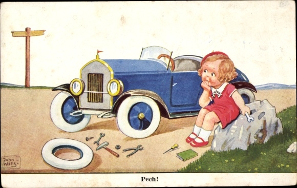Artist Postcard Wills, John, Girl Has a Flat Tire, Bad Luck, Automobile