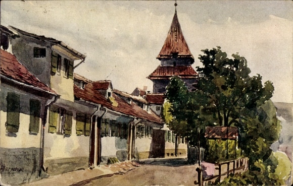 Artist Postcard Marschall, J., Ulm on the Danube, Seelengraben with Zundeltor tower